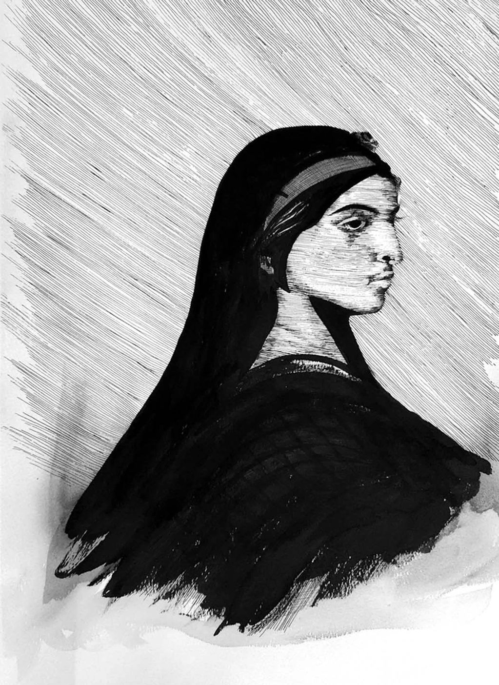 Black and white pen sketch of a coptic woman