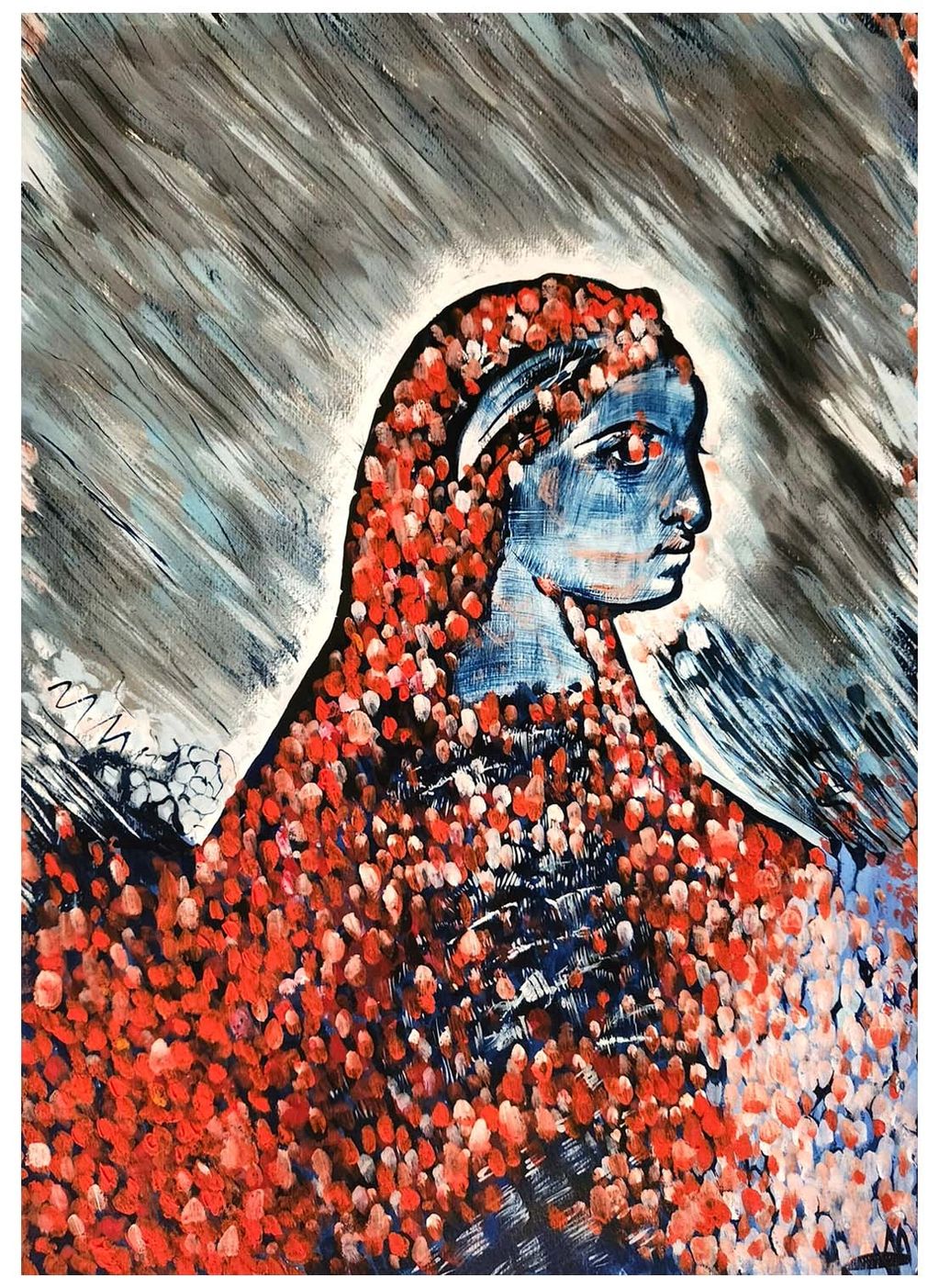 A watercolour painting of a coptic woman in red and blue expressive style
