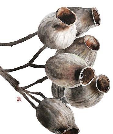 Artistic painting of dried seed pods on branches with muted tones.