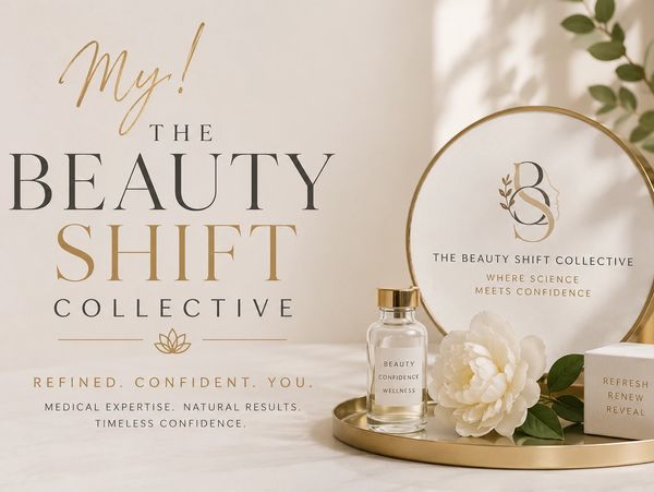 Elegant promotional display for The Beauty Shift Collective featuring wellness products and floral decor.