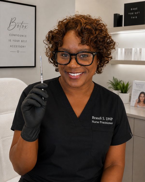 Smiling nurse practitioner holding a syringe, ready for a Botox treatment.