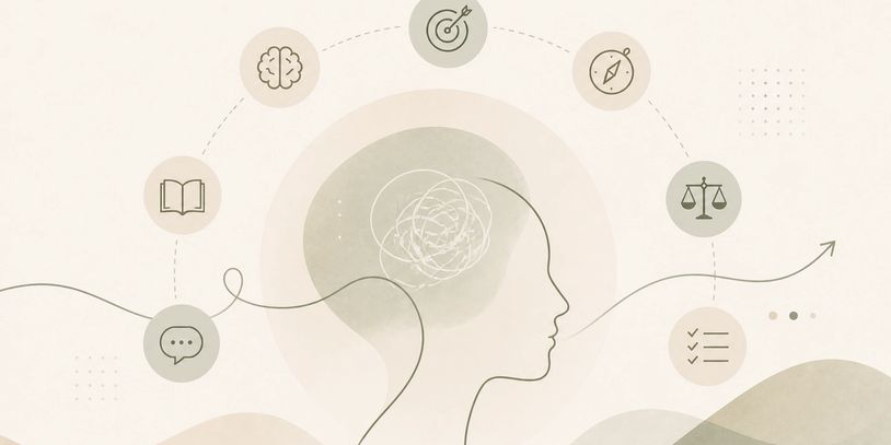 Abstract illustration of a human head with interconnected icons symbolizing knowledge and goals.