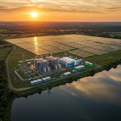 A solar power plant at sunset near a body of water.