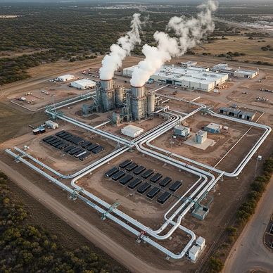 Aerial view of a power plant with smoke stacks emitting steam and extensive piping.