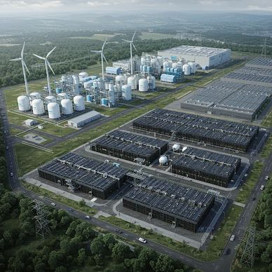 Aerial view of a renewable energy facility with wind turbines and solar panels.