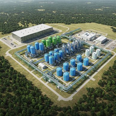 A large industrial chemical plant with storage tanks and pipelines surrounded by greenery.