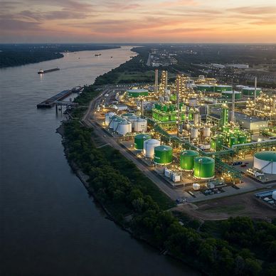 A brightly lit industrial refinery complex next to a wide river at sunset.