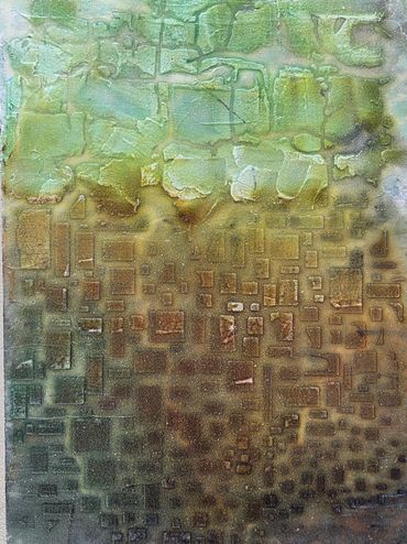 Abstract textured artwork with green, yellow, and brown tones.