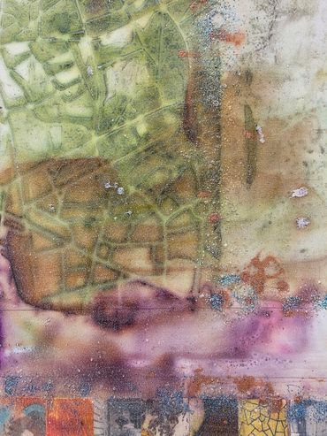 Abstract textured painting with green, brown, purple, and beige tones.