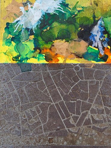 Abstract artwork with vibrant colors and geometric patterns on a textured surface.