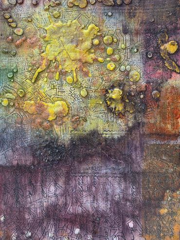 Abstract textured art with yellow splashes on a muted purple and brown background.