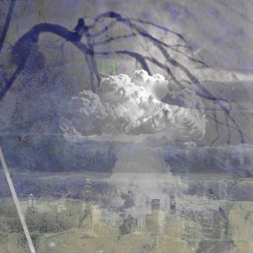 A nuclear explosion mushroom cloud with a dark, eerie background.