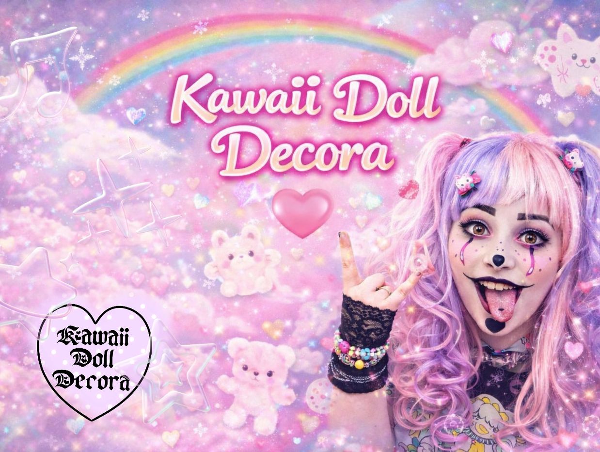 Pastel kawaii banner with a pink cloud background, sparkles, hearts, and a rainbow. “Kawaii Doll Dec