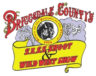 Bricesdale County's 2024 S.A.S.S. Shoot and Wild West Show logo with vintage design.