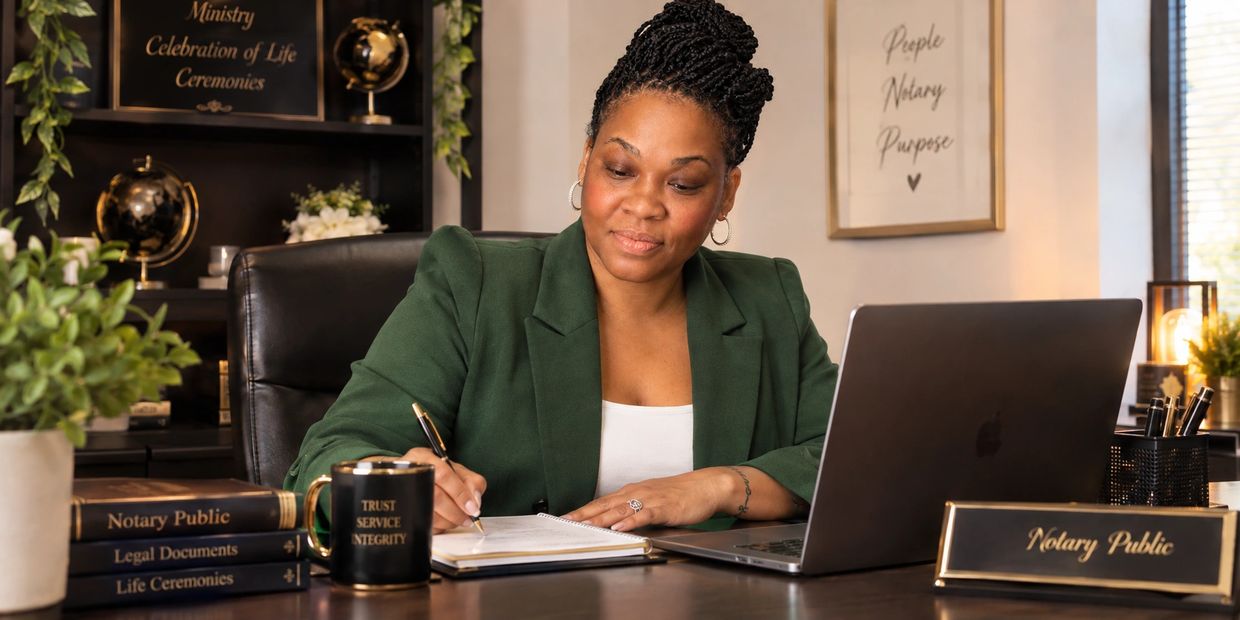 Woman working at a desk with notary public materials.