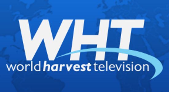 Logo of World Harvest Television with blue background.