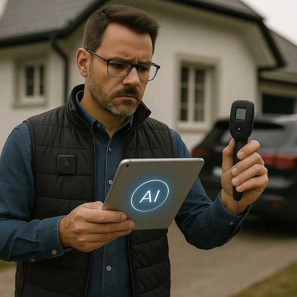 Man using AI tablet and device outdoors near house and car.