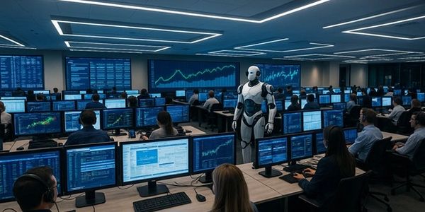Futuristic office with a robot supervising analysts at multiple computer screens.
