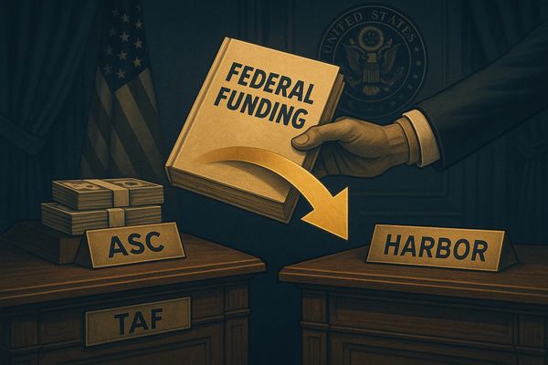 Illustration showing federal funding moving from ASC to Harbor with money stacks and official seals.