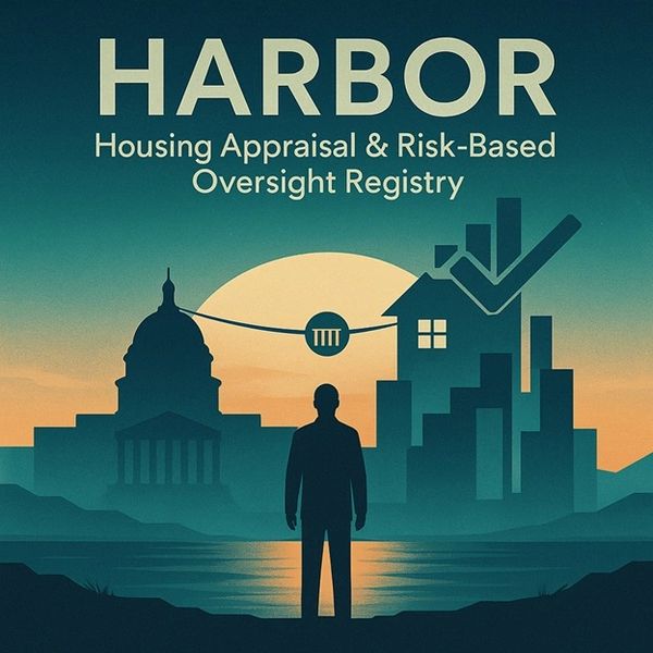 Silhouette of a man overlooking a cityscape with the HARBOR housing registry logo at sunset.