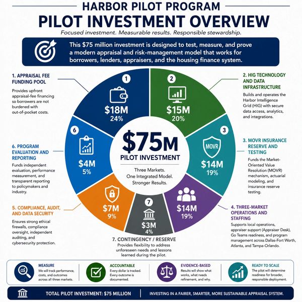 Pie chart showing $75 million pilot investment distribution across seven categories.