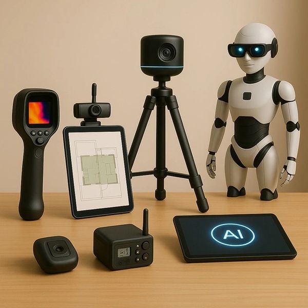 Various advanced AI and tech gadgets including a robot, cameras, and tablets on a wooden surface.