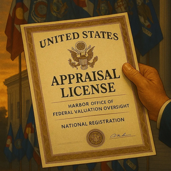 Hand holding a United States appraisal license with flags in the background.