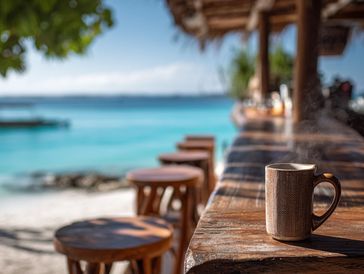 Coffee Mug on a wooden beach bar. Turquoise waters, wooden bar stools are in the background