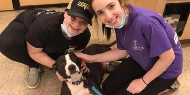 Two women smiling with a black and white dog.