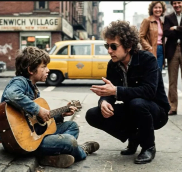 Man talks to boy playing guitar in Greenwich Village.