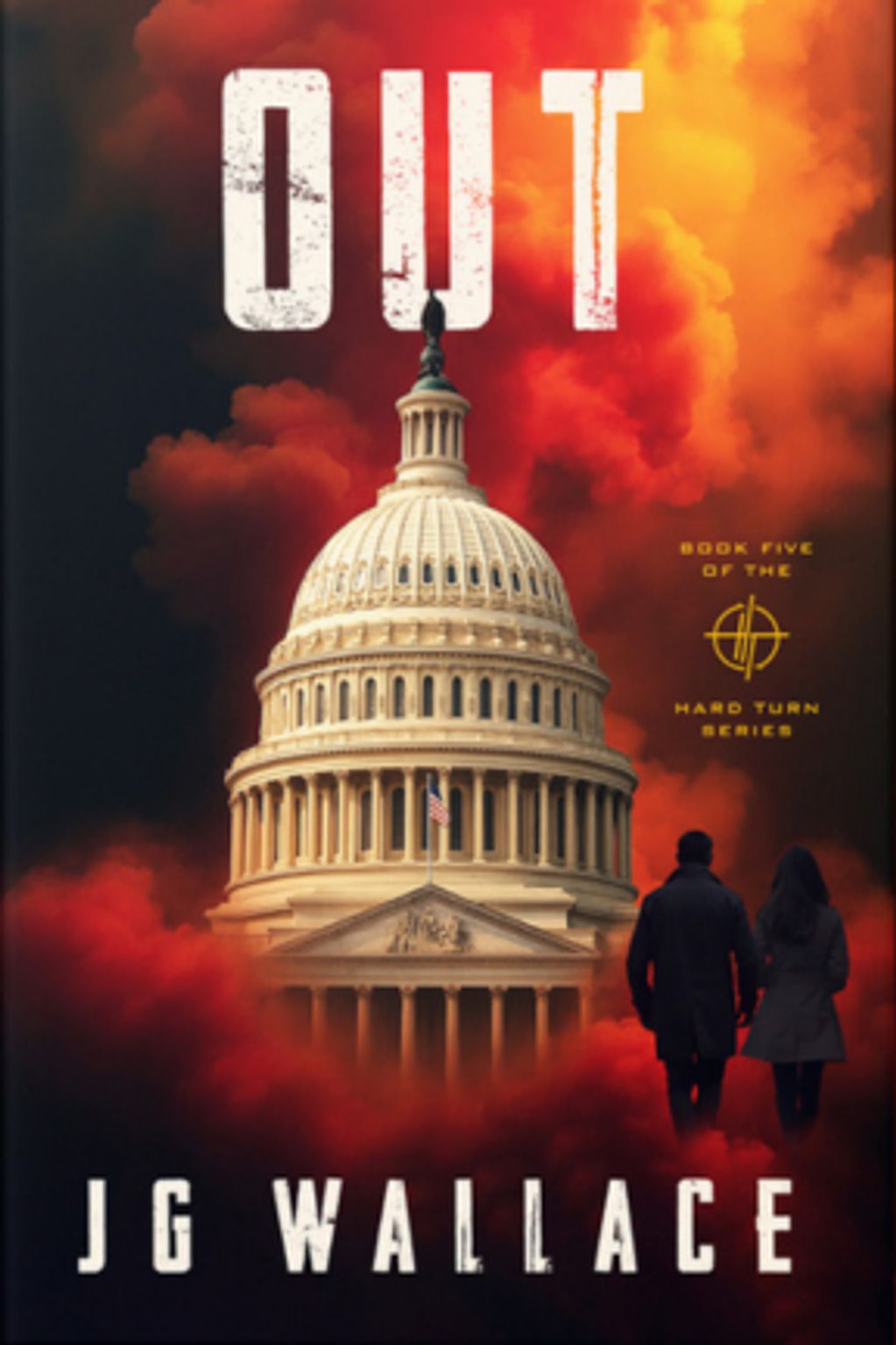 Cover image of book "Out" with image of a couple walking through red smoke