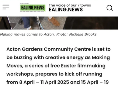 Announcement of free Easter filmmaking workshops at Acton Gardens Community Centre in April 2025.
