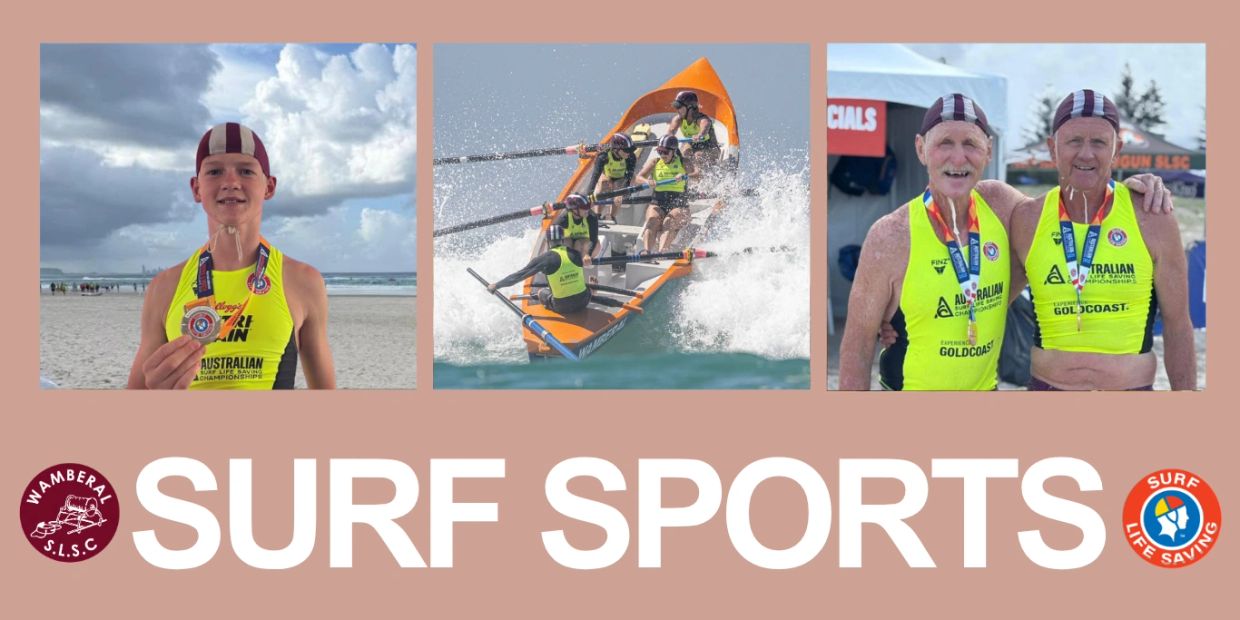 Surf sports competitors proudly displaying medals and rowing a surf boat.