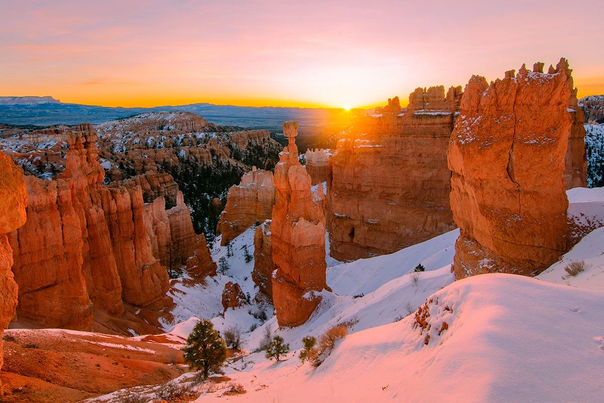 Snowy Sunrise Overlooking Thor's Hammer on the Navajo Loop in Bryce Canyon National Park