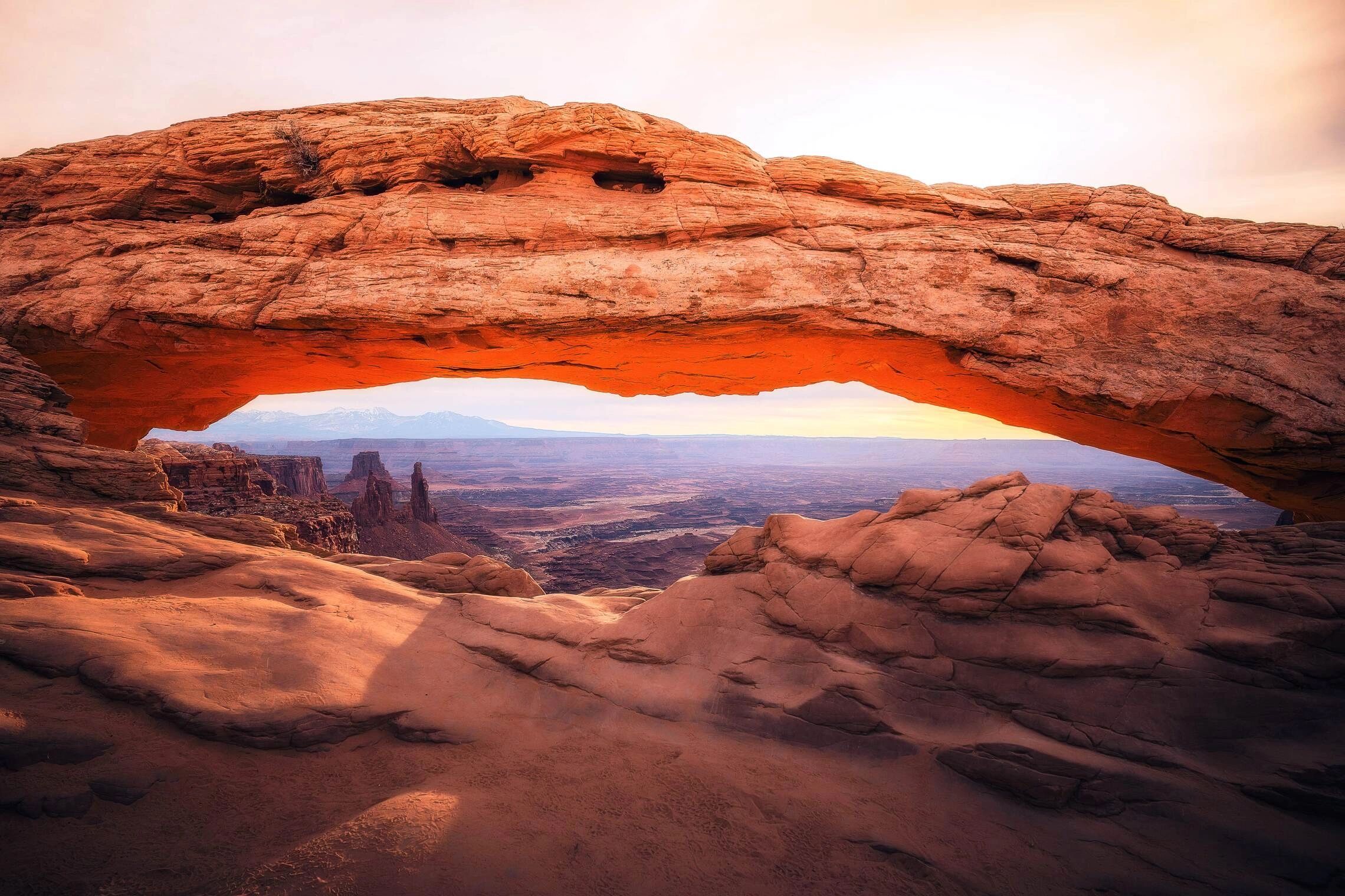 Golden Light hitting Mesa Arch in Canyonlands National Park just after sunrise.