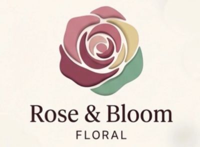 Stylized multicolored rose logo with text 'Rose &amp; Bloom Floral'.