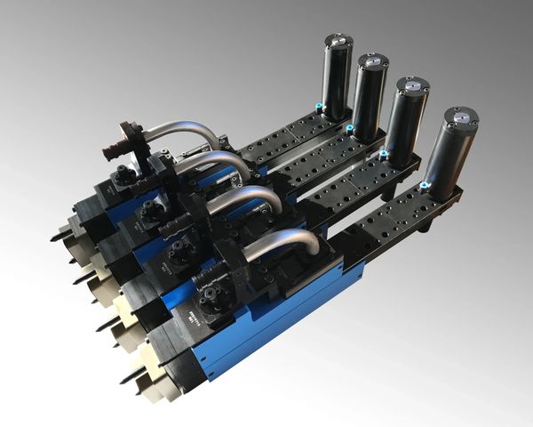 Blue industrial machinery components assembly.