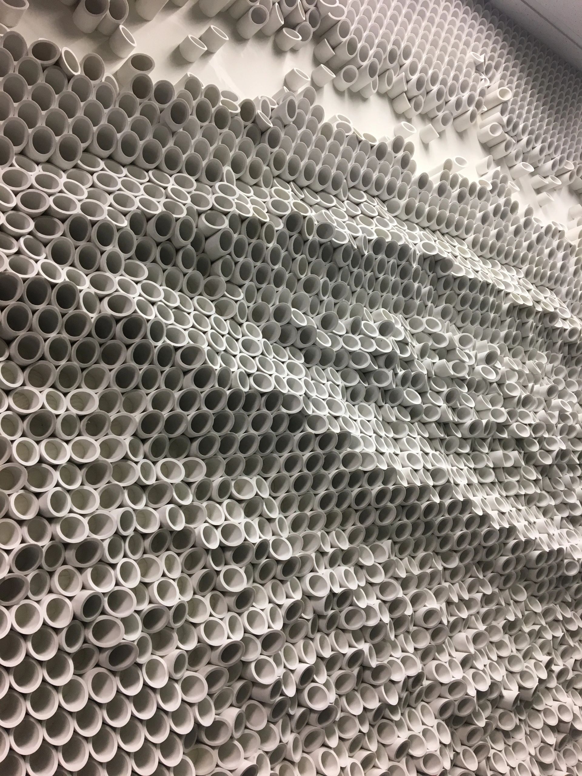 PVC pipe art. Thousands of pieces cut at 45 degree angle and placed to create dramatic wall feature.