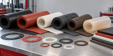 Various rolled sheets and gaskets on a metal surface.