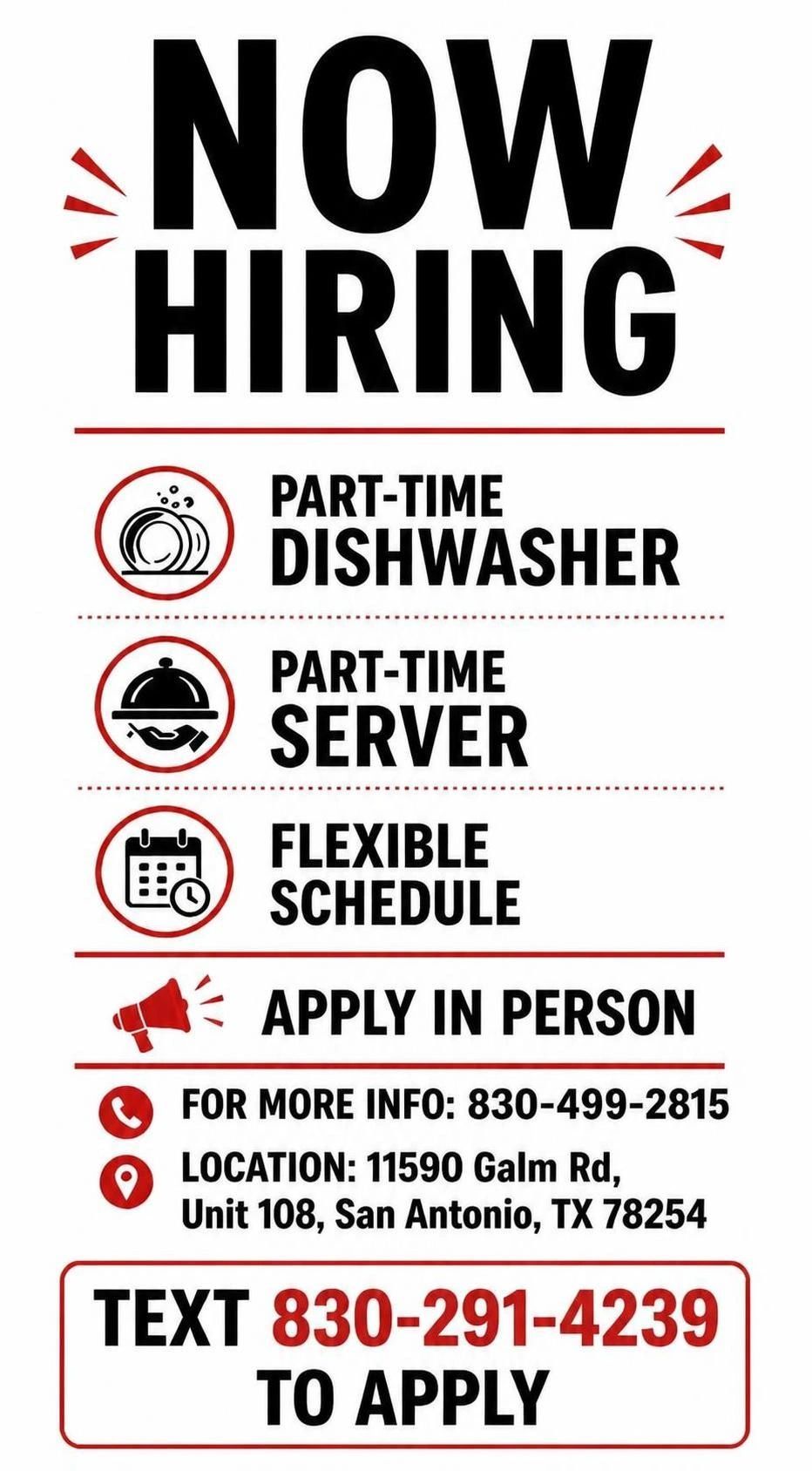 Job hiring for part-time dishwasher and server with flexible schedule.