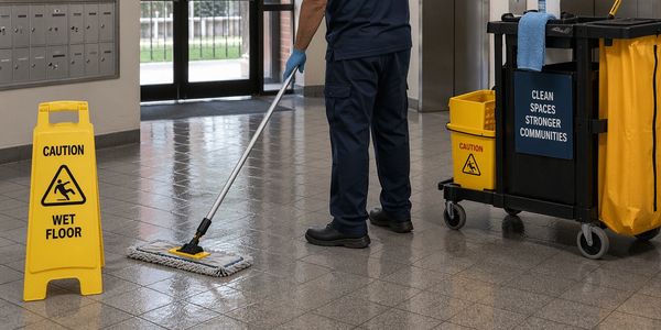 Janitor mopping floor next to caution signs.