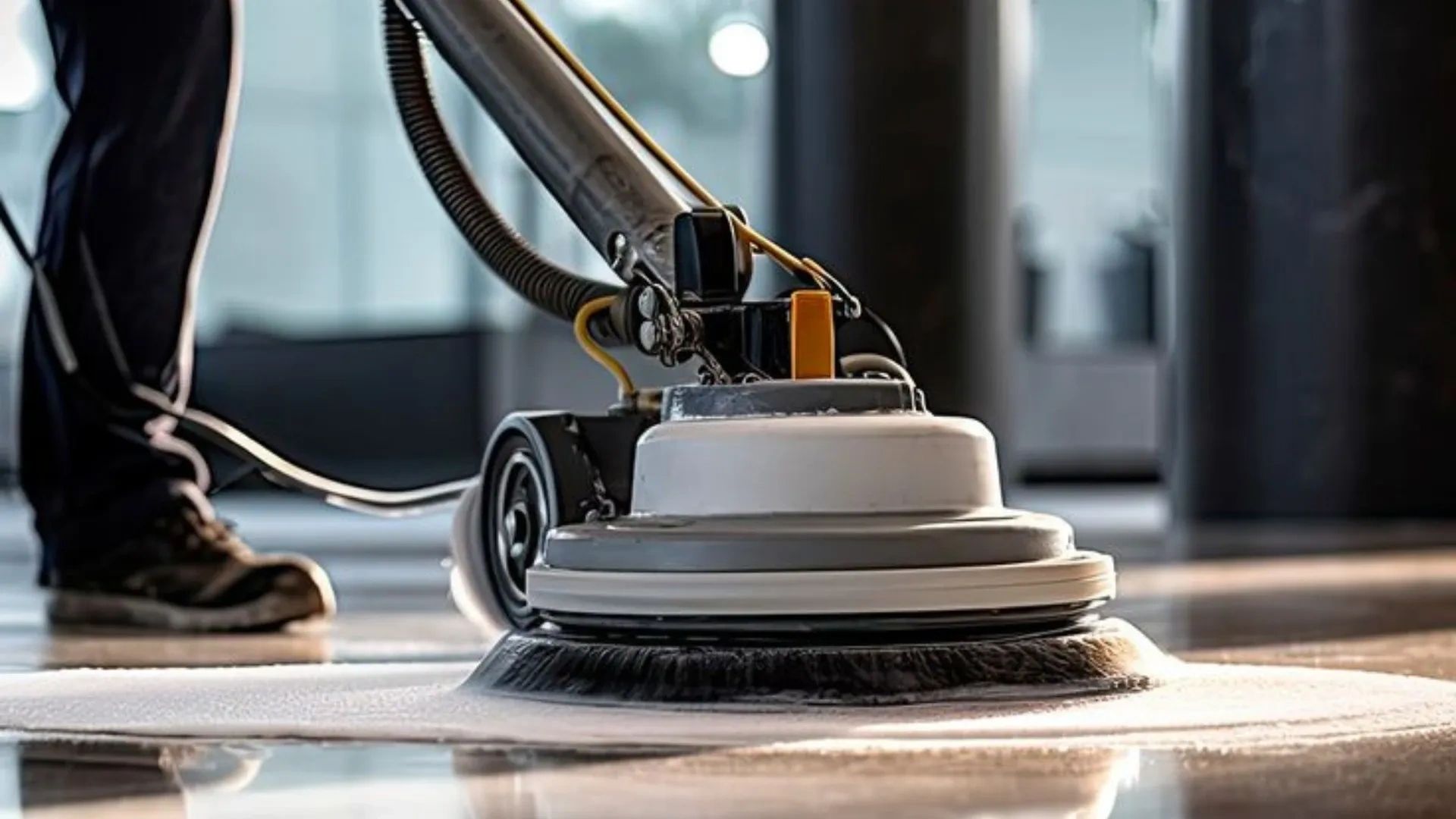 Floor cleaning machine polishing a surface.