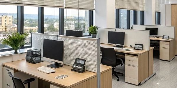 Modern office cubicles with desktop monitors and desks.