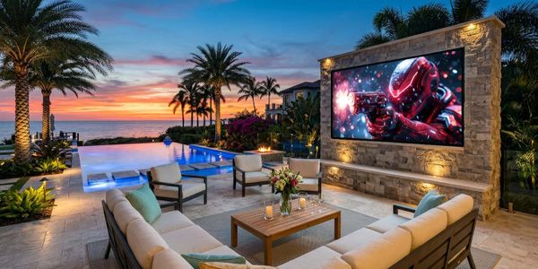 Luxurious outdoor living space with a pool and large screen at sunset.