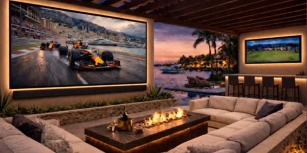 Luxurious outdoor lounge with large TV screens, fire pit, and waterfront sunset view.