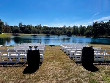 Winery wedding ceremony pond lake side wedding ceremony cross altar outdoor wedding ceremony 