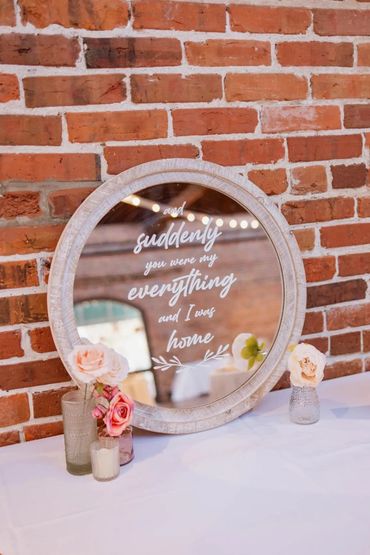bud vase, faux floral, vinyl decal, mirror, custom sign, white linen, brick wall