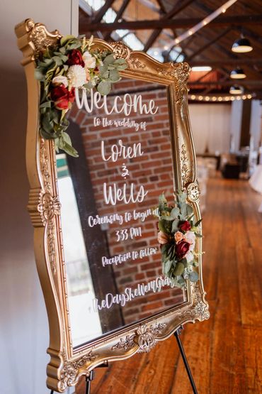 Welcome sign, faux florals, gold framed mirror, vintage mirror, antique mirror