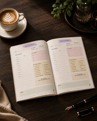 Open planner with daily schedule, coffee, and pen on table.