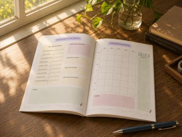 Open planner journal on wooden desk with pen and sunlight.